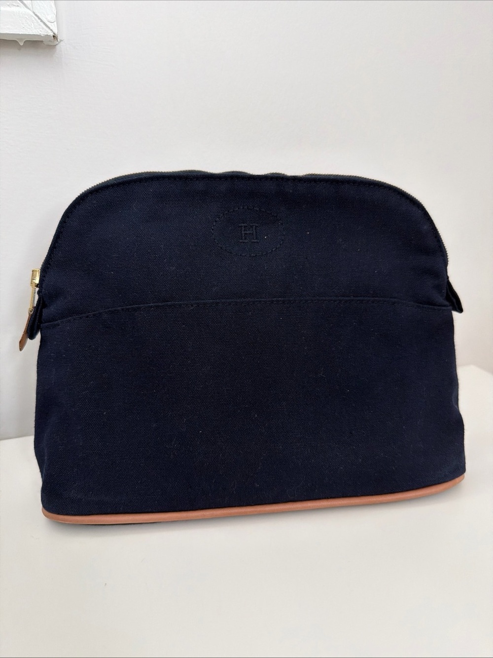 Hermès Bolide Medium Zip Case in Navy Blue Cotton with Lambskin Piping